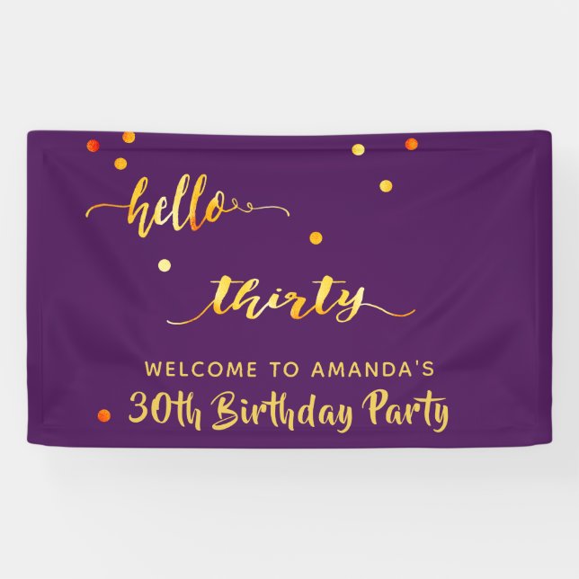 Banderoles 30e anniversaire violet or bonjour 30 nom script (Horizontal)