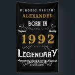 Banderoles 30th Birthday 1992 Ajouter le nom Black Gold Legen<br><div class="desc">Bannière d'anniversaire personnalisée. Ajoutez le nom à cette bannière d'anniversaire d'impression rétro de style vintage. Modifiez le nom et l'année avec le modèle fourni. Un magnifique mur d'anniversaire noir personnalisé accroché à la typographie vintage blanche et or. Plus de cadeaux et de fournitures de fête disponibles avec le design "légendaire"...</div>