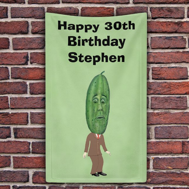 Banderoles 30th Birthday Man Green Pickle Head Face Suit (Funny man in suit green pickle with face for head on green Happy 30th Birthday backdrop.)