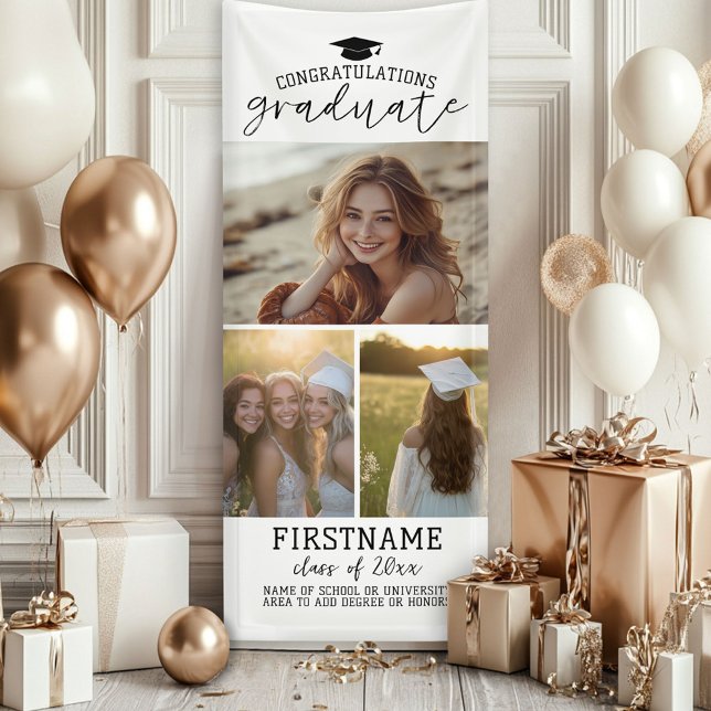 Banderoles 3 Photo Collage Graduation Moderne Minimal Blanc (Custom Graduation Photo Banner - Great backdrop and Graduation Party Decoration)