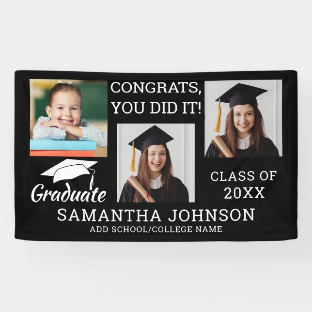 Banderoles 3 Photo Félicats Classe De Diplômés De 2025 Noir (Horizontal)