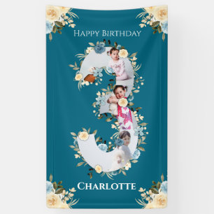 Banderoles 3e anniversaire Fleur Turquoise photo Collage bleu