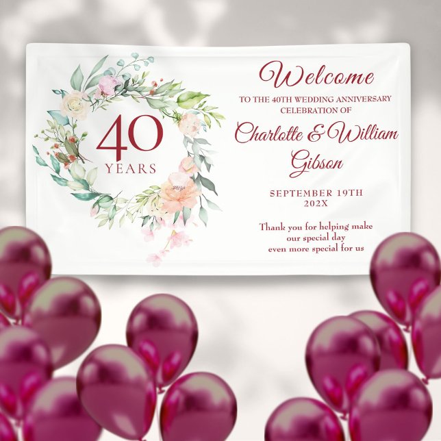 Banderoles 40 ans de mariage Roses de jubilé rubis floral Bie (40th Wedding Ruby Anniversary Roses Floral Welcome Banner)