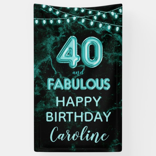 Banderoles 40 & Fabuleux Turquoise et noir Anniversaire verti (Vertical)