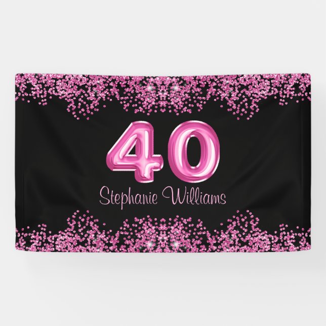 Banderoles 40e anniversaire Black Pink Balloons Parties scint (Horizontal)