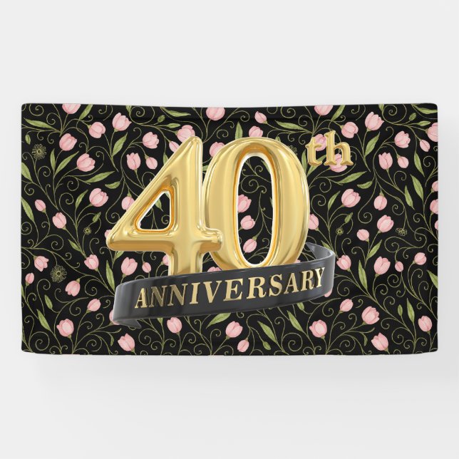 Banderoles 40e anniversaire fleur rose sur noir (Horizontal)