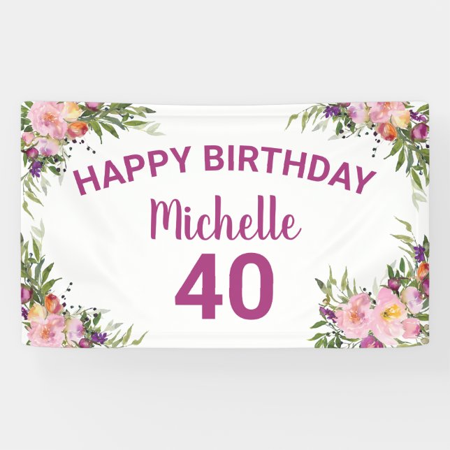 Banderoles 40e Anniversaire Fleurs Aquarelle Rose Violet (Horizontal)