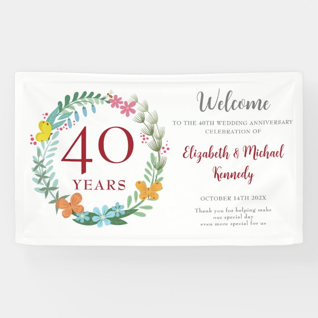 Banderoles 40e anniversaire Ruby Floral Mariage de couronne (Horizontal)