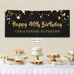 Banderoles 40e Joyeux Anniversaire Étoiles Noir Or ou Votre T