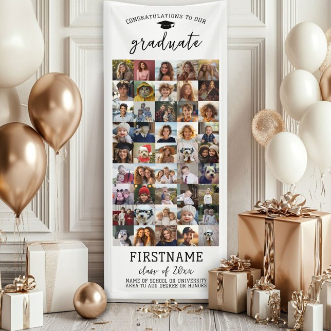 Banderoles 45 Collage photo Graduation Moderne Minimal Blanc (Custom Graduation Banner - Great for a backdrop or Grad Party Decoration)