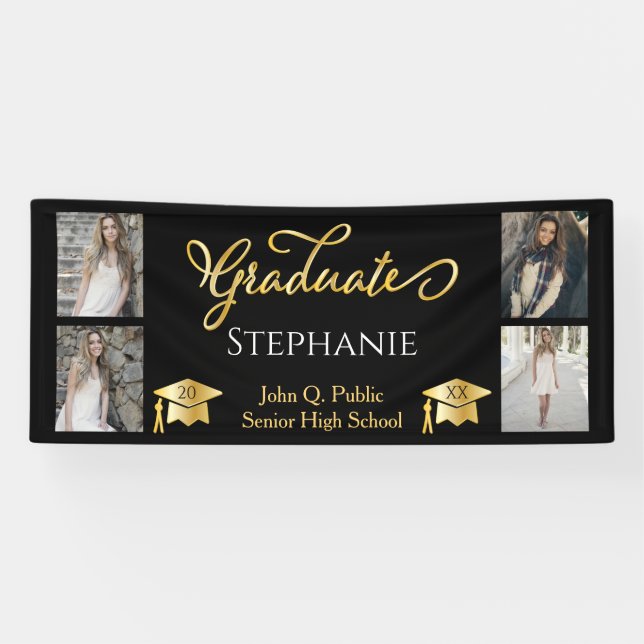Banderoles 4 Photo Black Gold Graduate Name School (Horizontal)