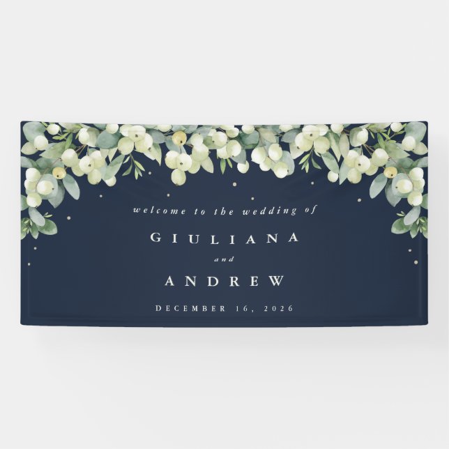 Banderoles 4'x8' Navy Snowberry+Eucalyptus Mariage Bienvenue (Horizontal)