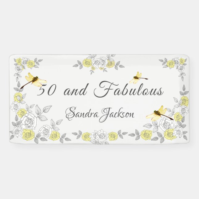 Banderoles 50 ans et Fabuluxx anniversaire Jaune Gris Floral (Horizontal)
