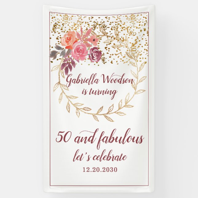 Banderoles 50 Et Fabuleuse Parties scintillant Floral Rose Ma (Vertical)