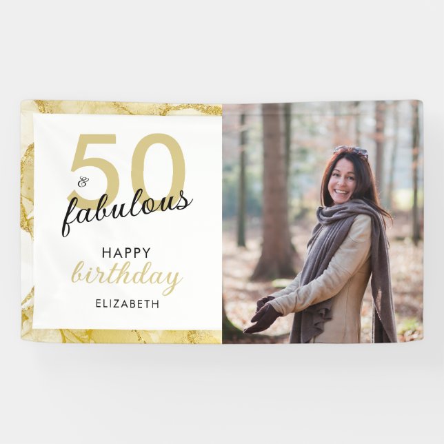 Banderoles 50 Et Fabuleux Gold White Photo Anniversaire (Horizontal)