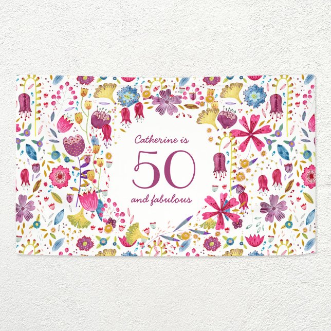 Banderoles 50 et Fabulous Aquarelle Nom floral Anniversaire (Personalized floral fifty and fabulous party banner)