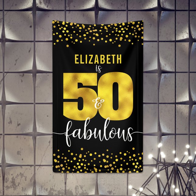 Banderoles 50 fabuleux anniversaire noir feuille d'or points  (Créateur téléchargé)