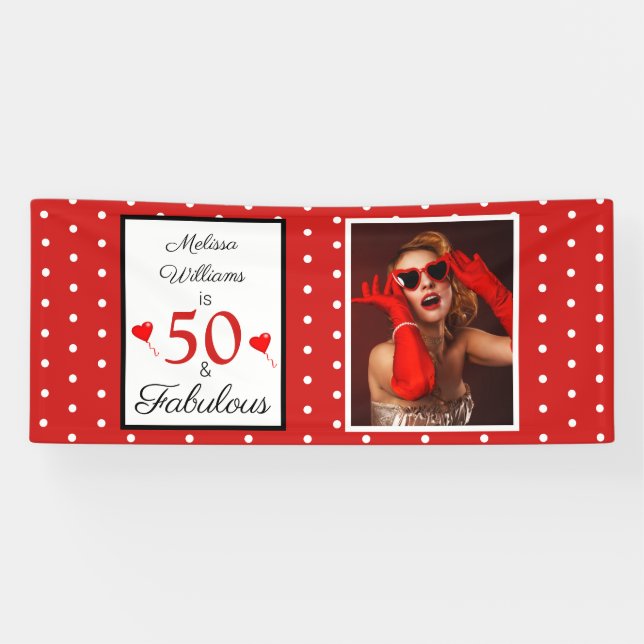 Banderoles 50 & Fabuleux Nom Photo Rouge 50e anniversaire 2.5 (Horizontal)