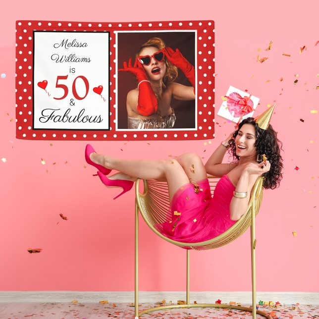 Banderoles 50 & Fabuleux Nom Photo Rouge 50e anniversaire WH  (50 & Fabulous Name Photo Red 50th Birthday WH Red Banner)