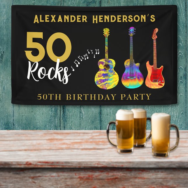 Banderoles 50 rochers pour lui fête d'anniversaire (50 Rocks birthday banner personalized for him funky guitars cool gold and black 50th birthday )
