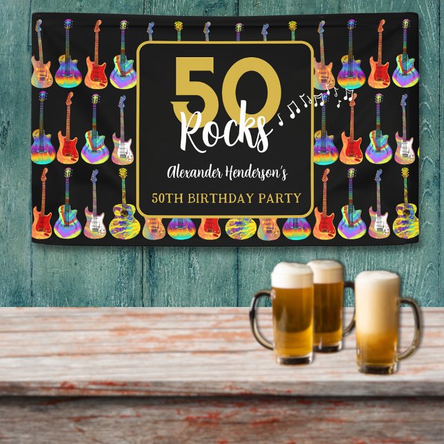 Banderoles 50 Rocks 50th Birthday Party Ajouter un nom (Rock and roll 50th birthday party banner for him funky psychedelic electric guitars gold typography )