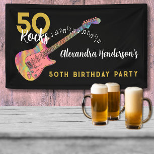 Banderoles 50 Rocks Anniversaire Fête Guitare Rose Noir et Or
