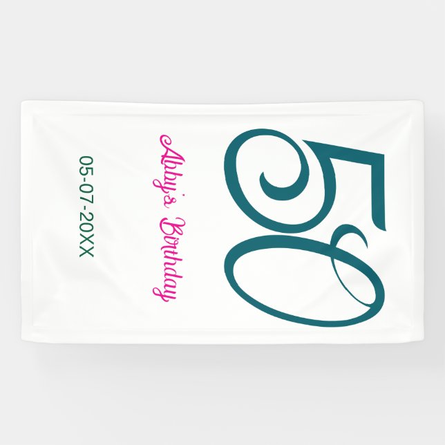 Banderoles 50e anniversaire ajouter nom année turquoise rose  (Horizontal)