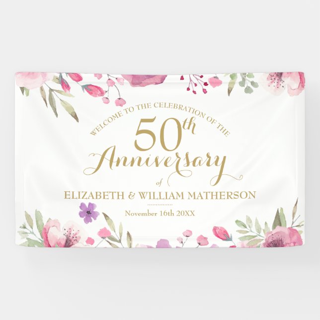 Banderoles 50e anniversaire Aquarelle Roses Bienvenue (Horizontal)