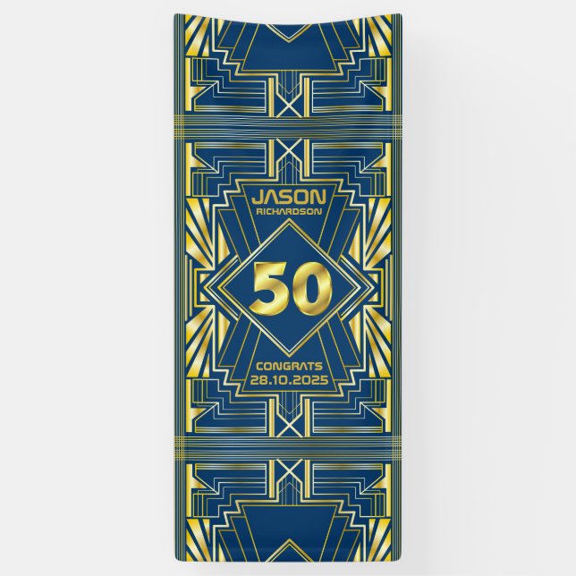 Banderoles 50e anniversaire Art Déco Gold Blue Gatsby (Vertical)