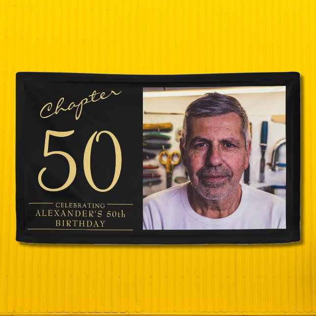 Banderoles 50e anniversaire Black Gold Photo (Create a unique 50th birthday party banner. Add your details and favorite photo. )
