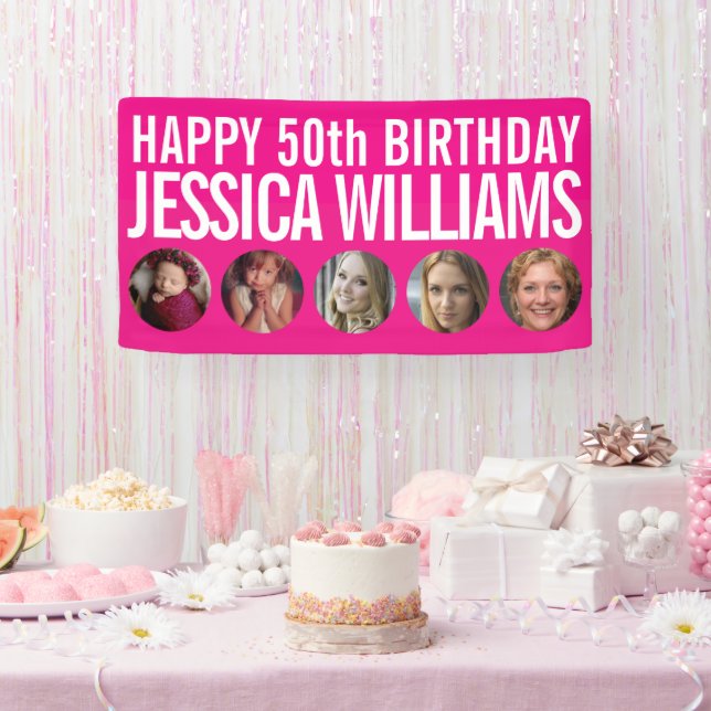 Banderoles 50e anniversaire blanc rose cinq cercles photo Ban (Fête)