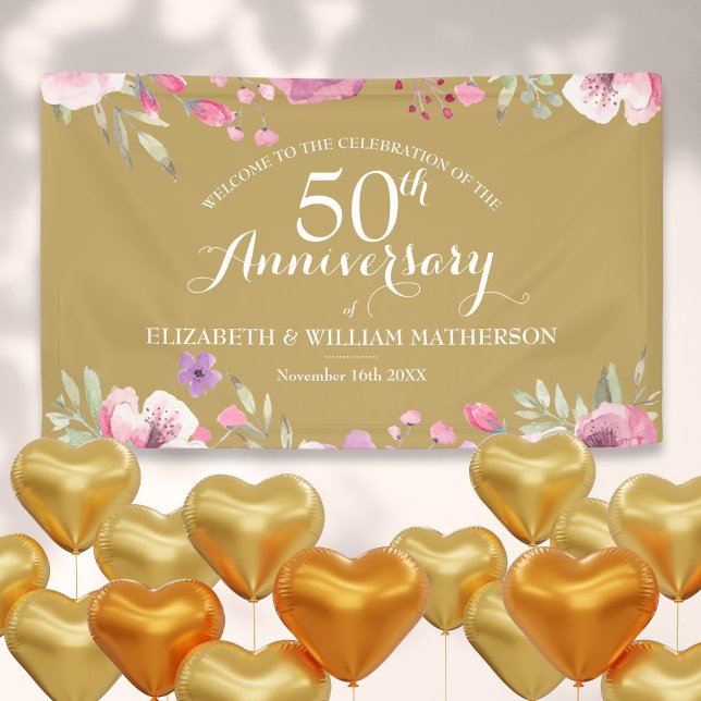 Banderoles 50e anniversaire de Mariage Aquarelle Roses Bienve (50th Wedding Anniversary Watercolor Roses Welcome Banner)
