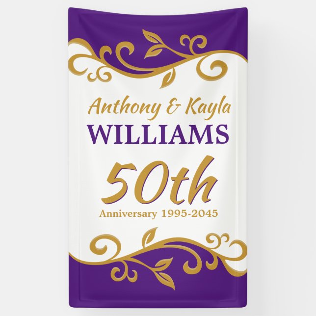 Banderoles 50e anniversaire de Mariage Purple Gold Flourish (Vertical)