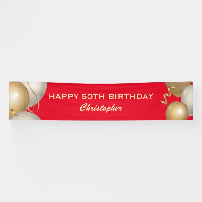 Banderoles 50e Anniversaire des Ballons Rouge et Or (Horizontal)