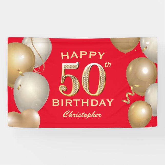 Banderoles 50e Anniversaire des Ballons Rouge et Or (Horizontal)