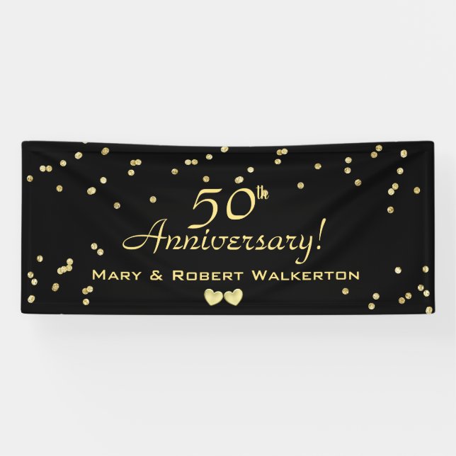 Banderoles 50e anniversaire du Mariage Noir avec Coeurs d'or (Horizontal)