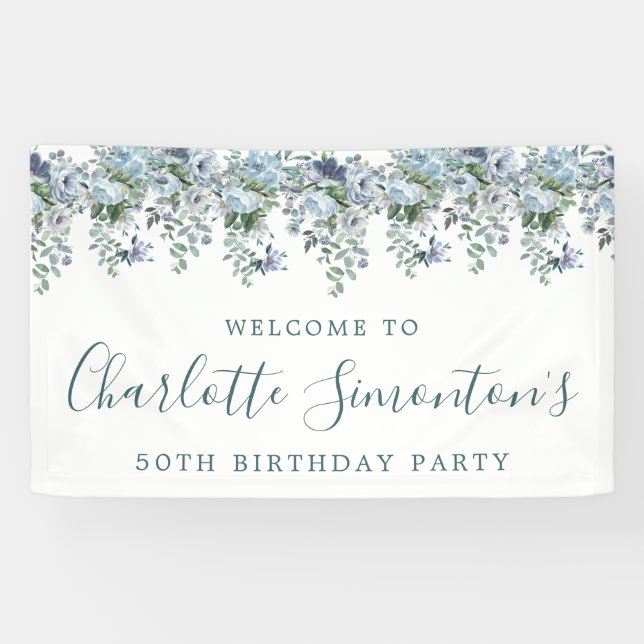 Banderoles 50e anniversaire Dusty Blue Floral Bienvenue (Horizontal)