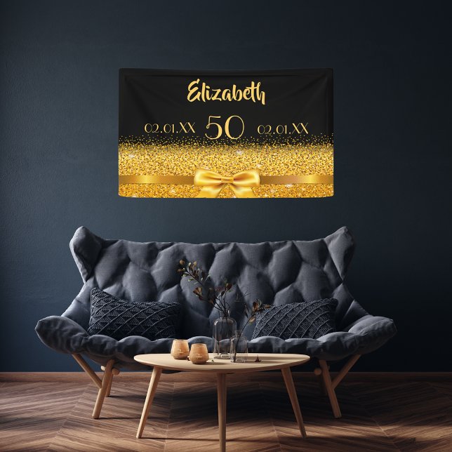 Banderoles 50e anniversaire fête noir or nom bienvenue (Créateur téléchargé)