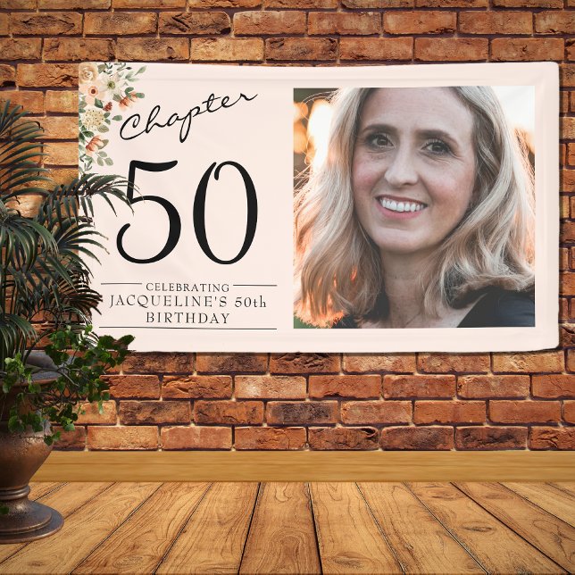 Banderoles 50e anniversaire Floral Pink Photo (Unique 50th birthday floral banner. Easily personalized with your details and favorite photo.)