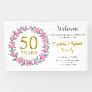 Banderoles 50e anniversaire Golden Pink Floral Wreath Mariage