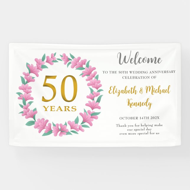 Banderoles 50e anniversaire Golden Pink Floral Wreath Mariage (Horizontal)