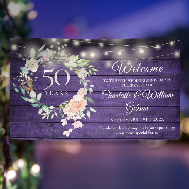 Banderoles 50e anniversaire Lumières florales rustiques Bienv (50th Anniversary Rustic Floral Lights Welcome Banner)