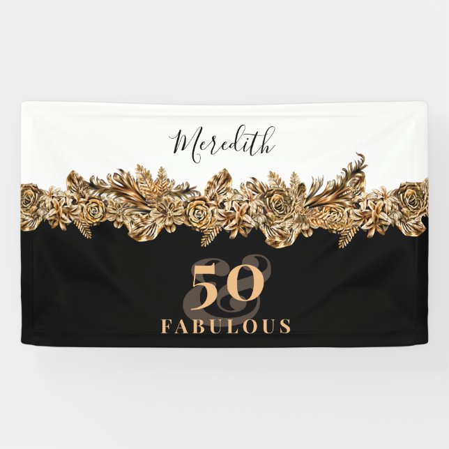 Banderoles 50e anniversaire Luxe Golden Flowers élégant Class (Horizontal)