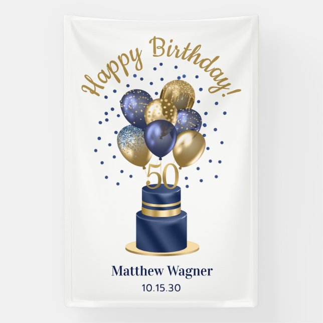 Banderoles 50e anniversaire Marine Blue Balloon Cake (Verticale)