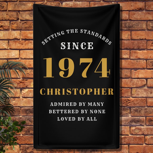 Banderoles 50e Anniversaire Né en 1974 Ajouter un nom Noir Or (50th Birthday Party Wall Banner - Customizable Black and Gold Decorative Piece.)