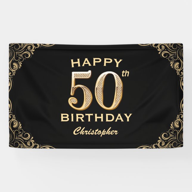 Banderoles 50e anniversaire Parties scintillant noir et or ca (Horizontal)