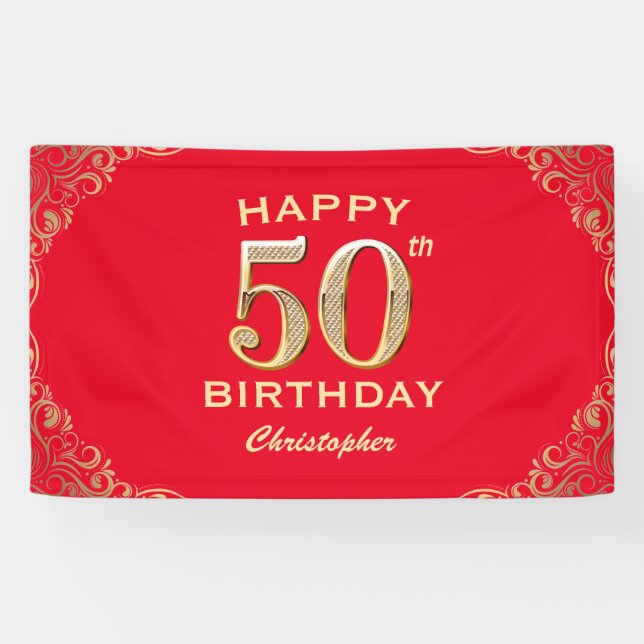 Banderoles 50e anniversaire Parties scintillant rouge et or c (Horizontal)