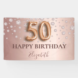 Banderoles 50e anniversaire rose or diamants script de ballon