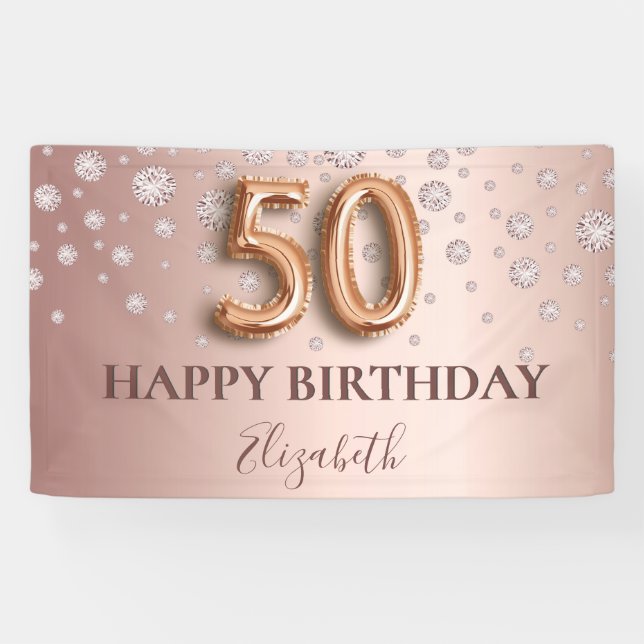 Banderoles 50e anniversaire rose or diamants script de ballon (Horizontal)