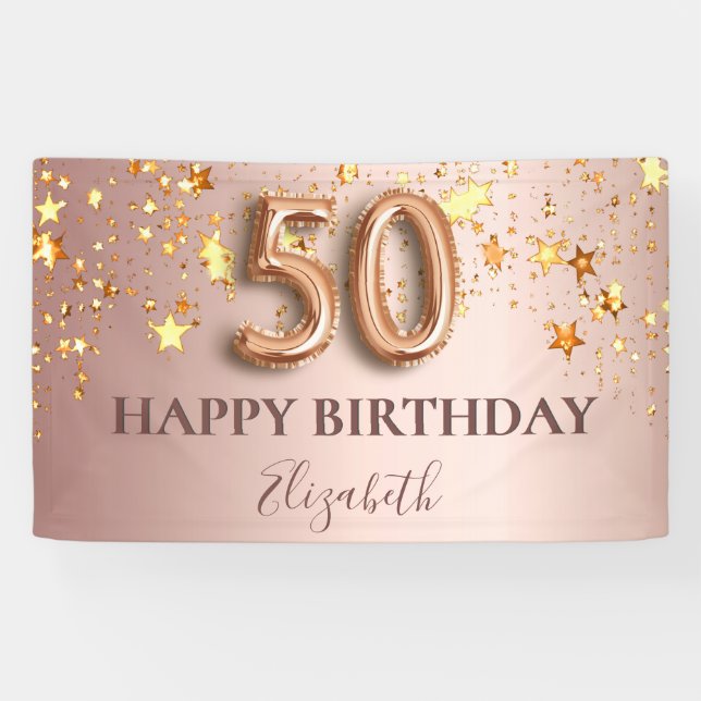 Banderoles 50e anniversaire rose or étoiles script ballon ros (Horizontal)
